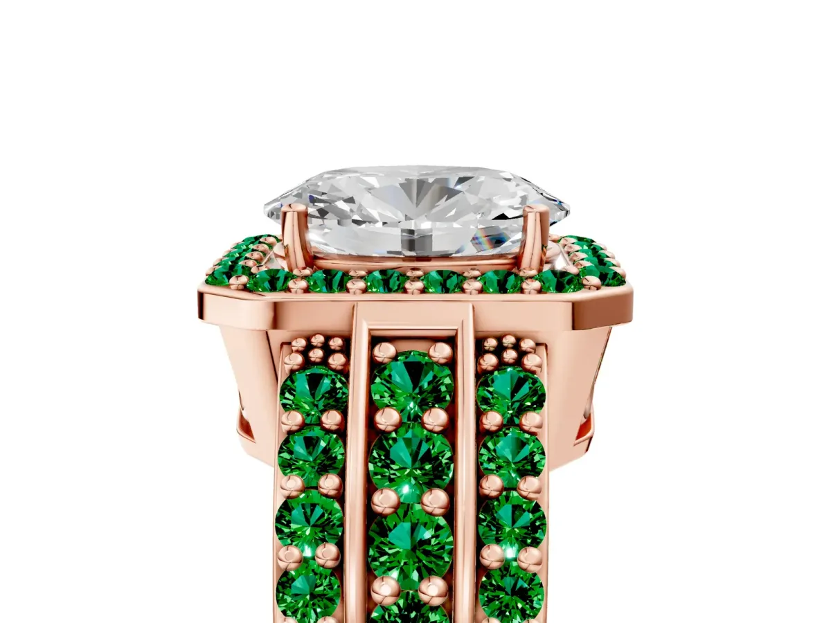 Oval Cut Halo Diamond Ring with Round Emerald Split Shank and Prong Setting Rose gold