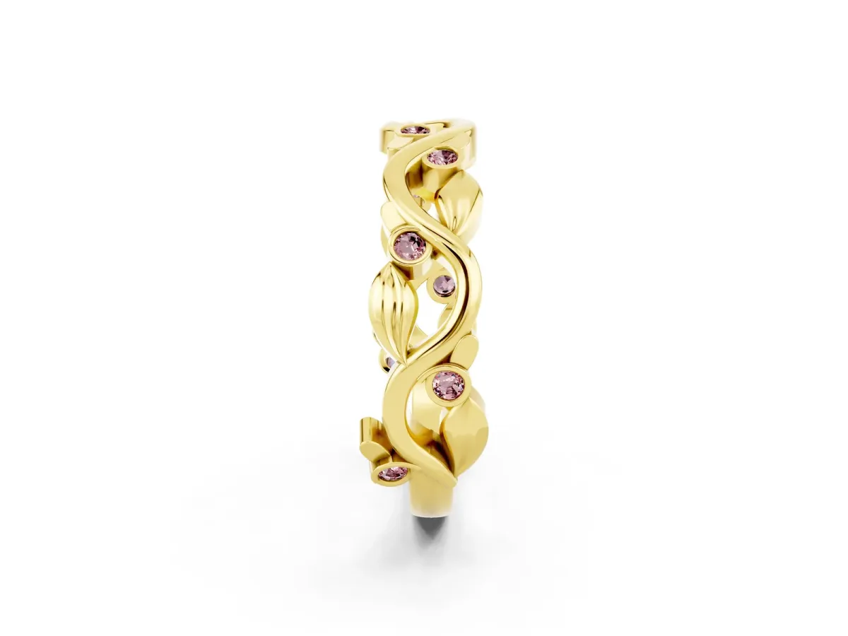 Round Morganite Leaf Eternity Band with Bezel Setting Yellow gold
