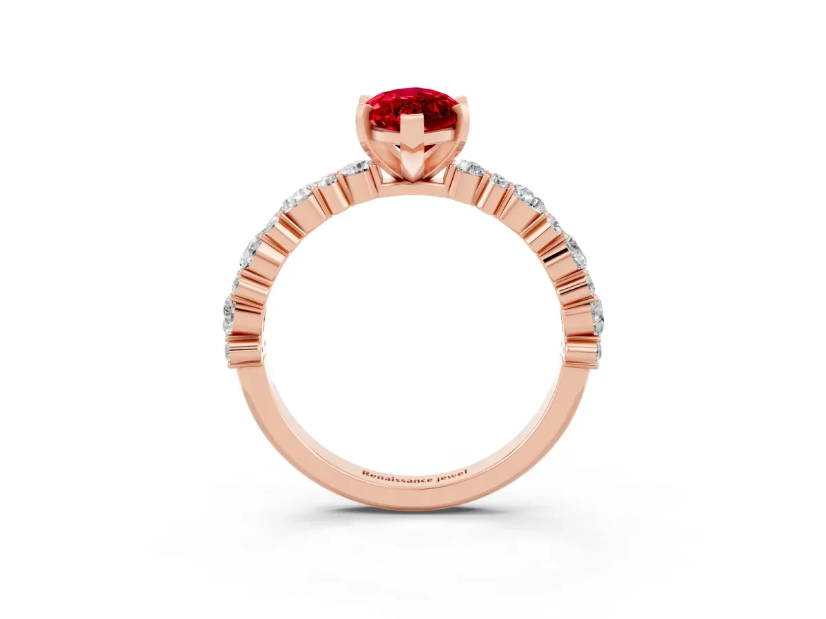 Marquise Cut Ruby Side Stone Solitaire Ring with Round and Four-Prong Setting Rose gold