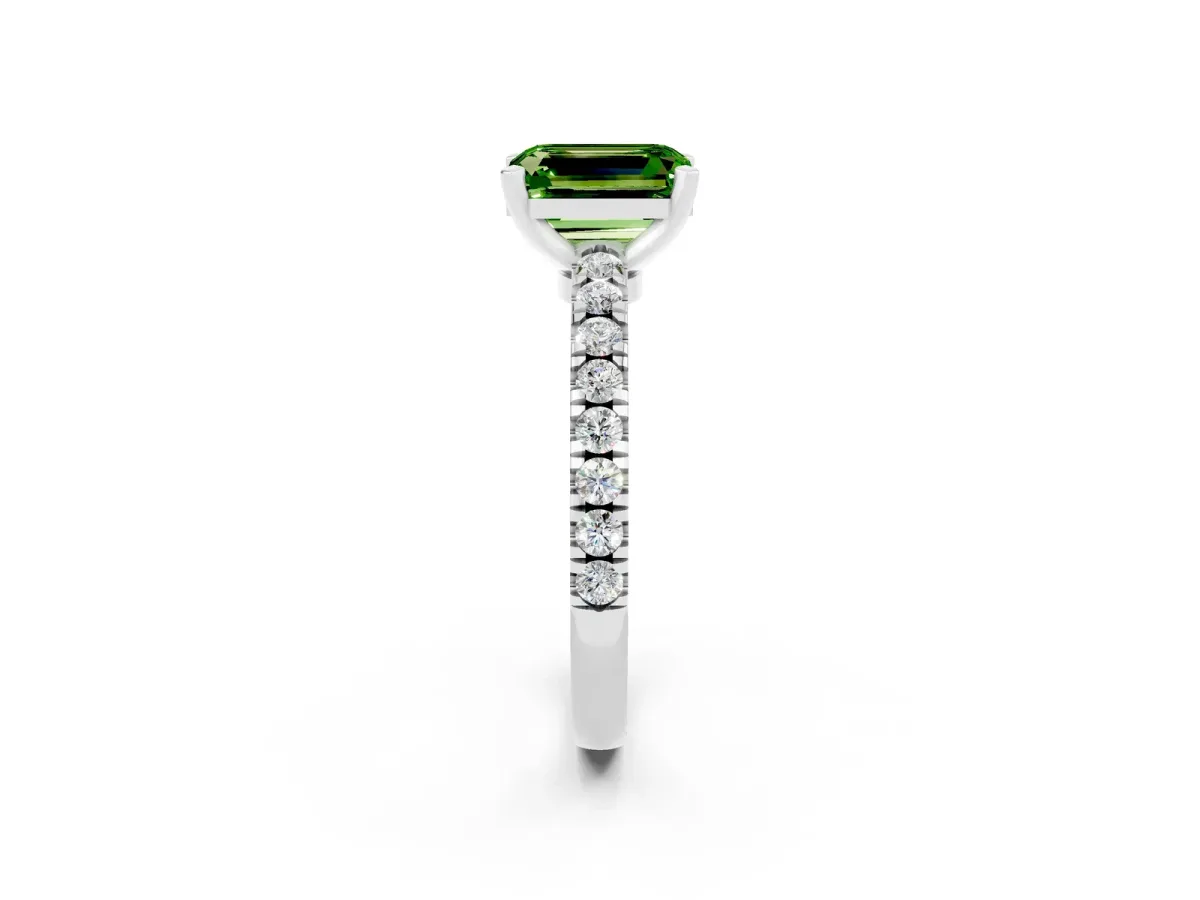 Emerald Cut Solitaire Peridot with Pavé Band and Four-Prong Setting Platinum