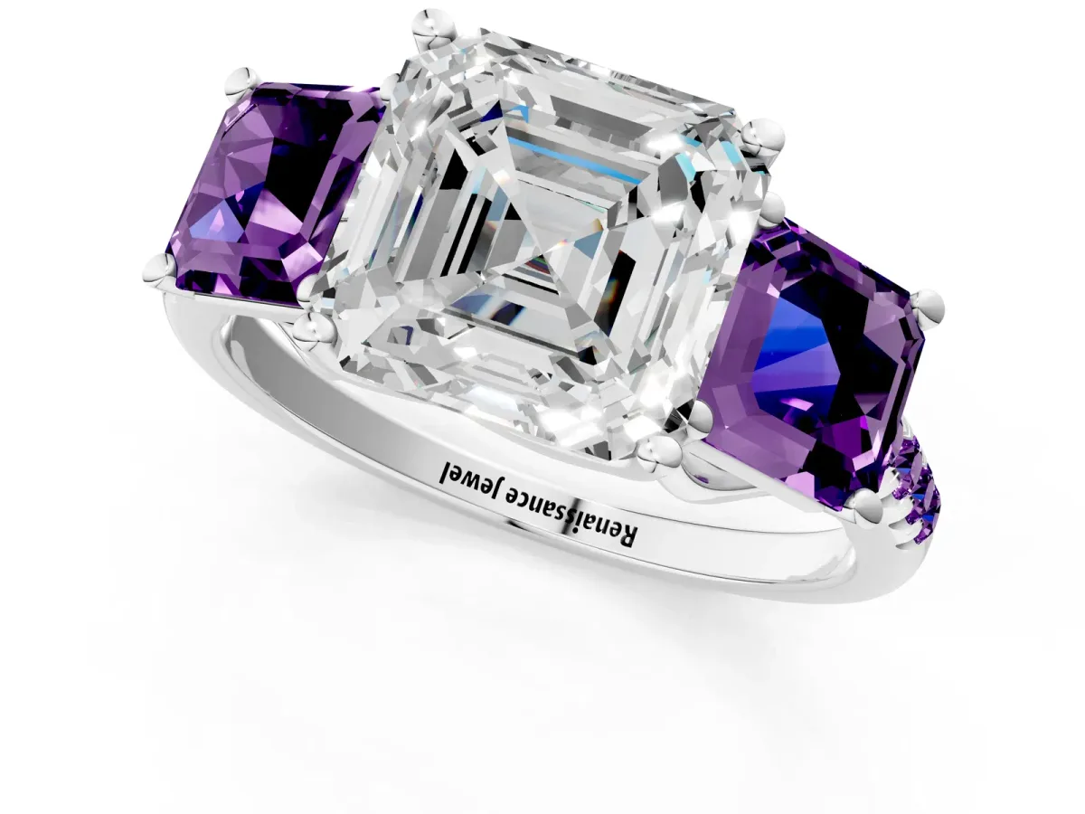 Three-Stone Asscher Cut Diamond Ring with Round Amethyst Pavé Band and Prong Setting Silver