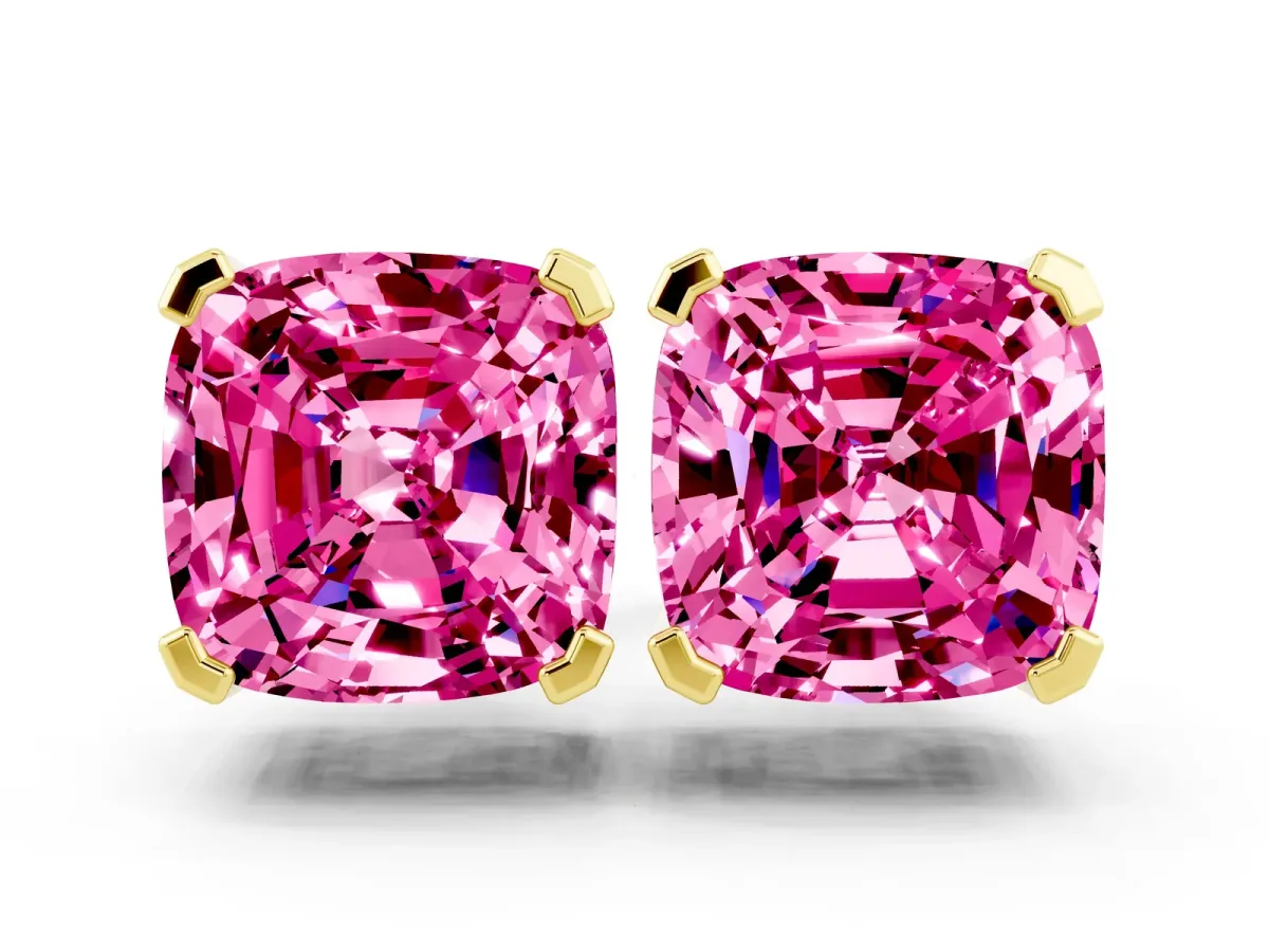 Cushion Cut Pink Sapphire Stud Earrings Yellow gold