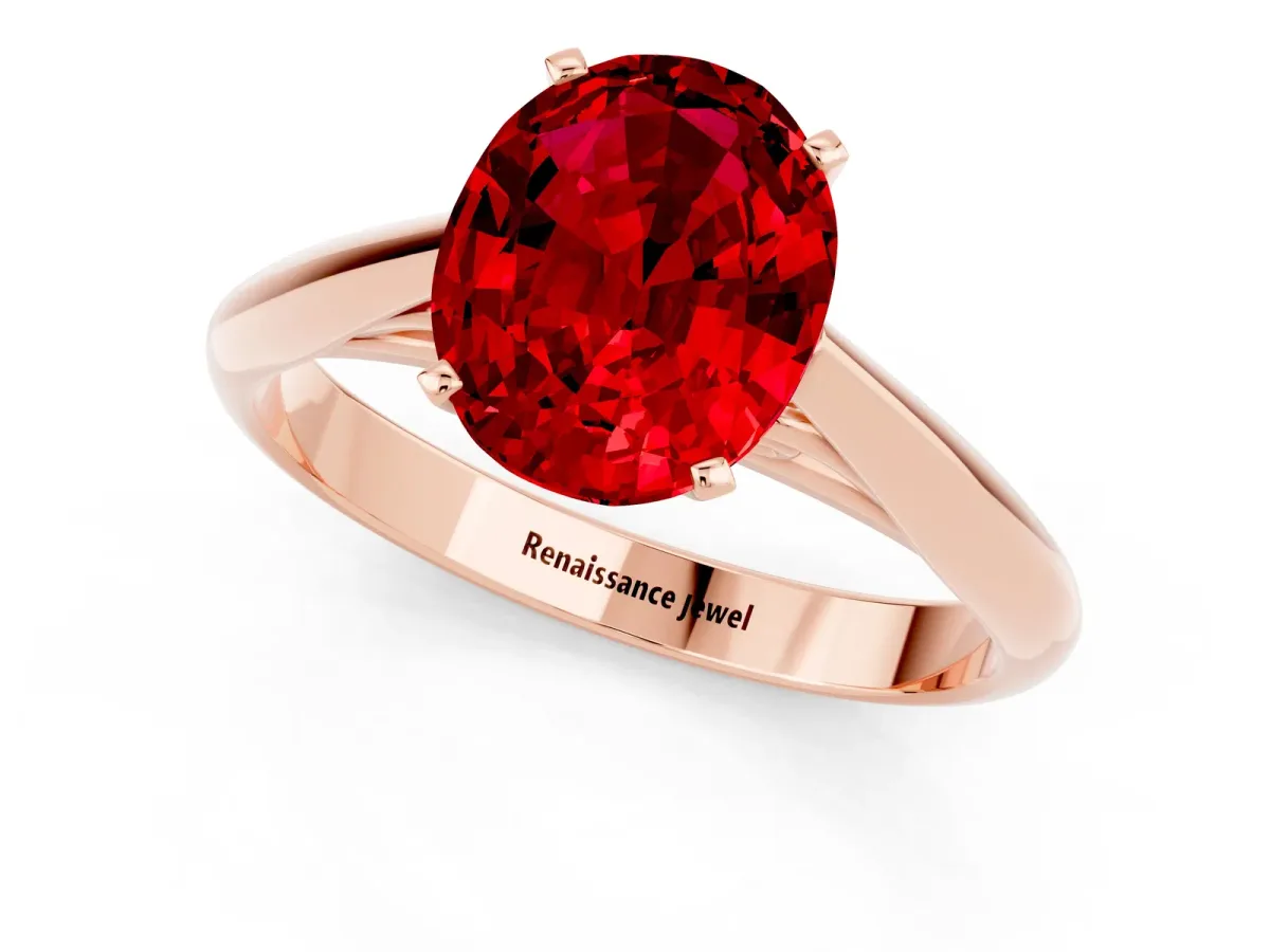 Oval Cut Ruby Solitaire Engagement Ring with Cathedral Setting and Four-Prong Mount Rose gold