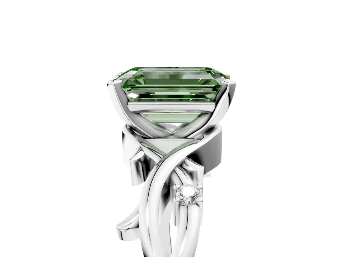 Fancy Green Emerald Cut Diamond Solitaire Ring with Twisted Band and Prong Setting Silver