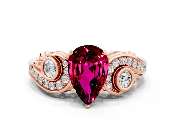 Pear Cut Garnet Solitaire Ring with Milgrain Pavé Band and Four-Prong Setting Rose gold