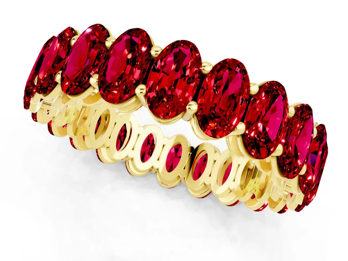 Oval Cut Ruby Eternity Band with Shared Prong Setting Yellow gold