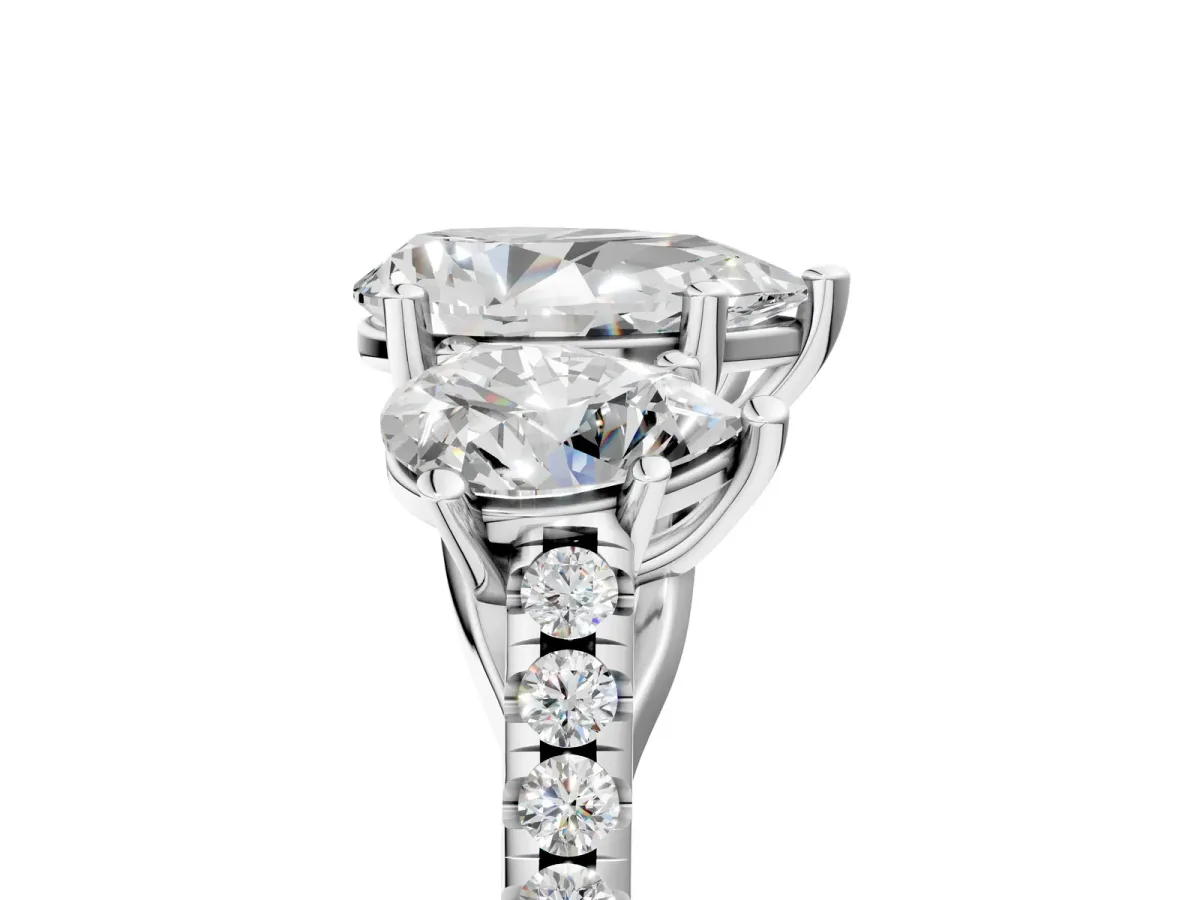 Three-Stone Pear Cut Diamond Ring with Round Moissanite Pavé Band and Prong Setting Silver