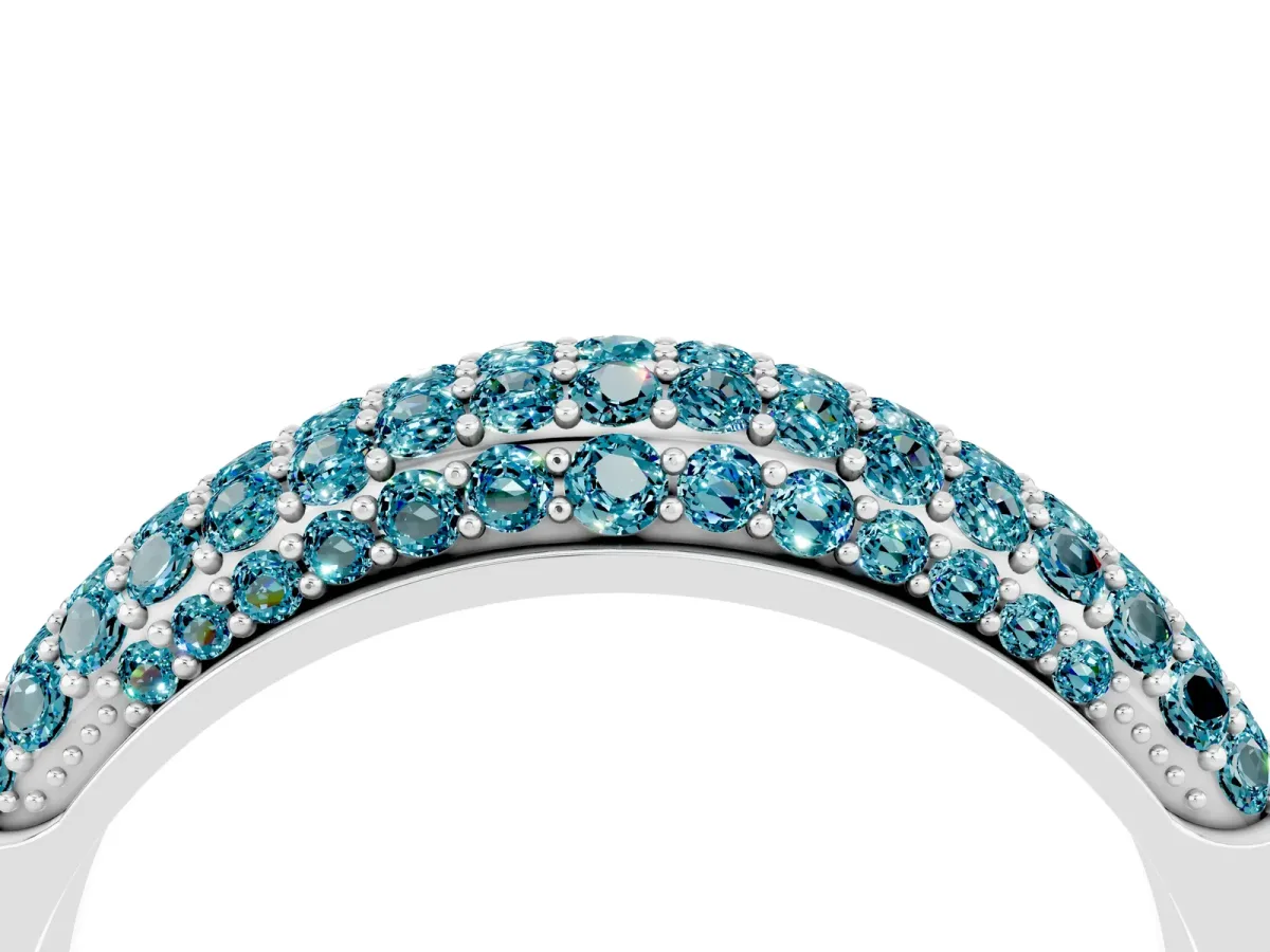 Three-Row Pavé Round Blue Topaz Dome Band Platinum