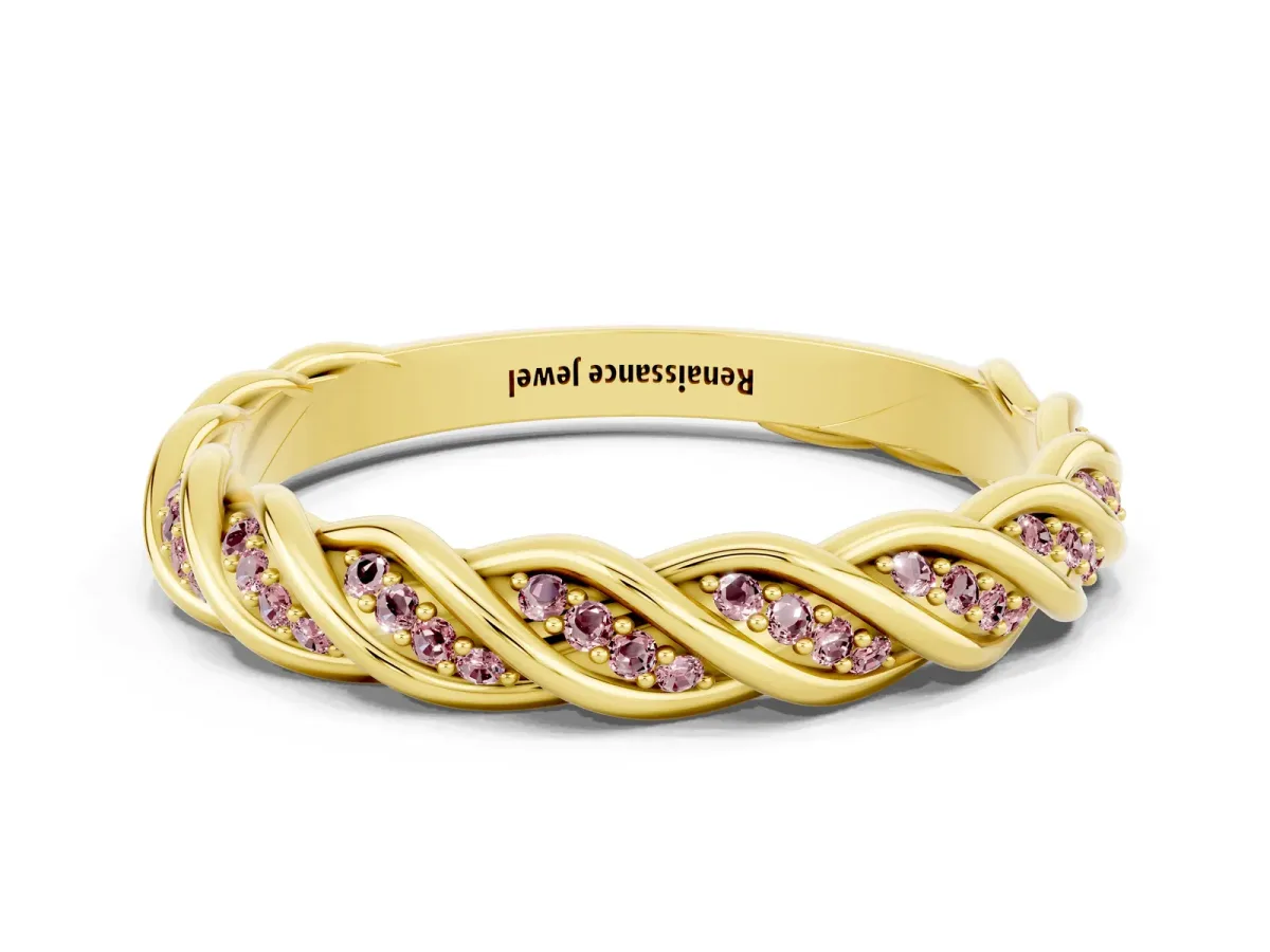 Twisted Pavé Round Morganite Eternity Band with Shared Prong Setting Yellow gold