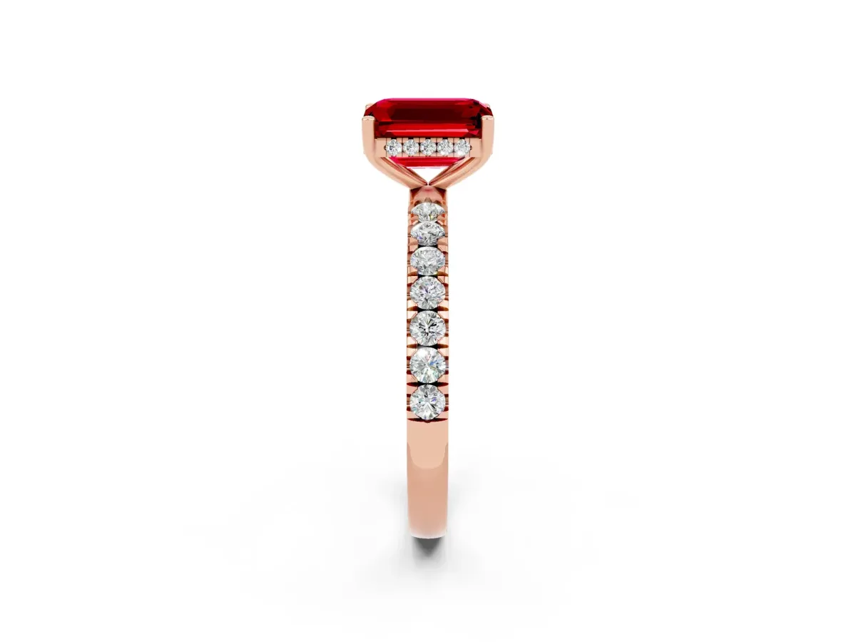 Emerald Cut Ruby Pave Band Solitaire Ring with Round and Prong Setting Rose gold