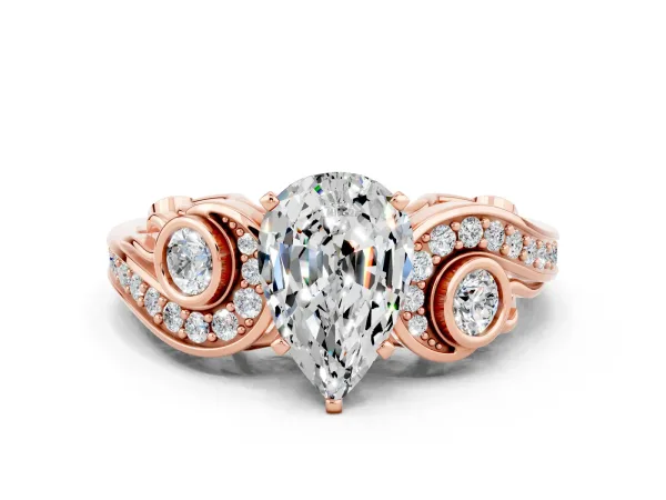 Pear Cut Moissanite Solitaire Ring with Milgrain Pavé Band and Four-Prong Setting Rose gold