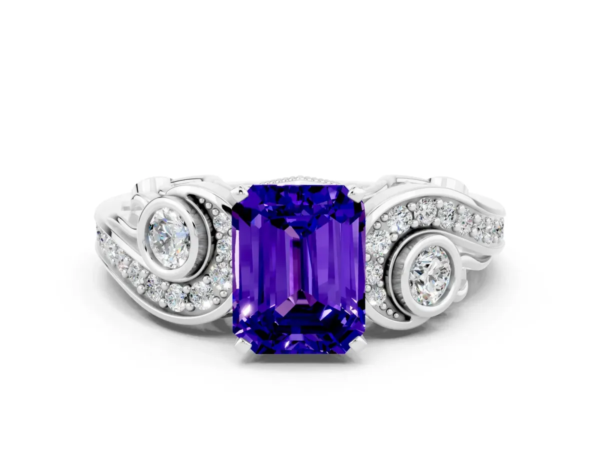Emerald Cut Tanzanite Solitaire Ring with Milgrain Pavé Band and Four-Prong Setting Silver