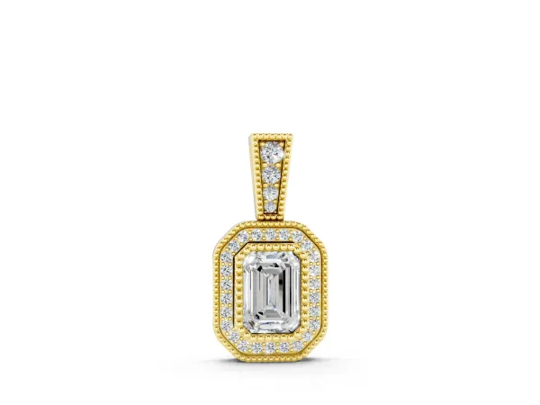 Emerald Cut Halo Diamond Pendant with Pavé Setting Yellow gold