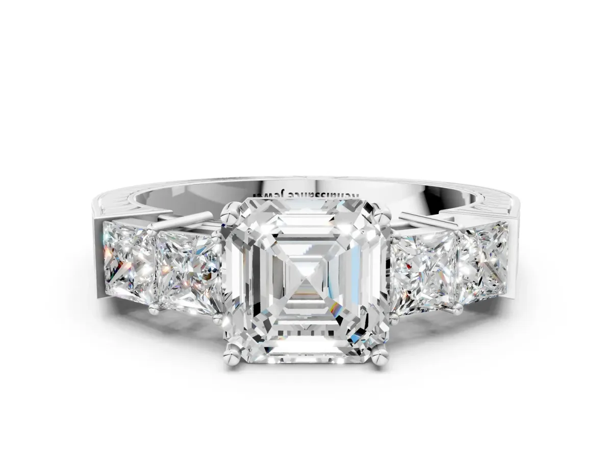Round Cut Solitaire Princess Side Stone Engraved Band Prong Setting Ring White gold