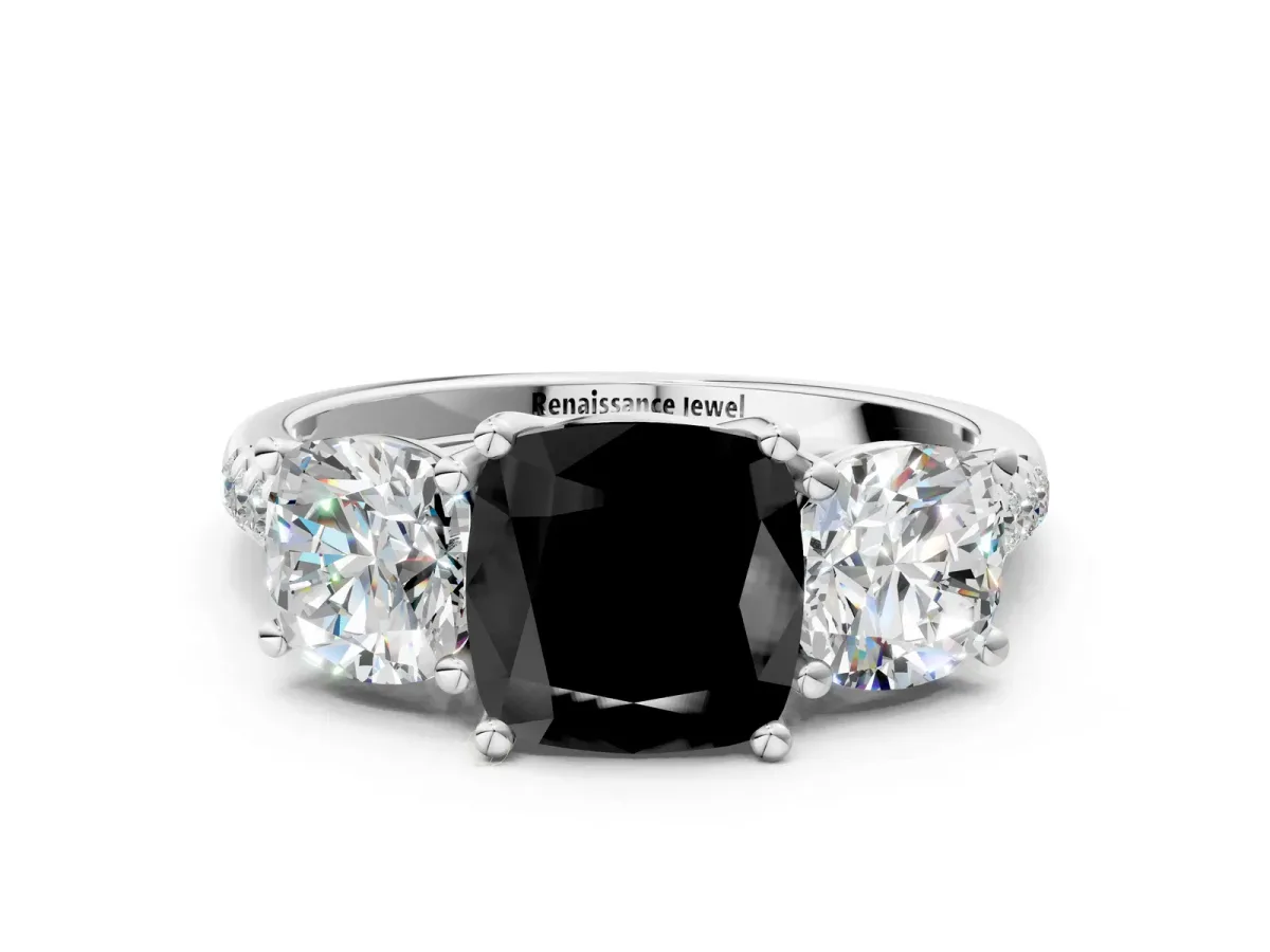 Fancy Black Three-Stone Cushion Cut Diamond Ring with Round Pavé Band and Prong Setting Silver