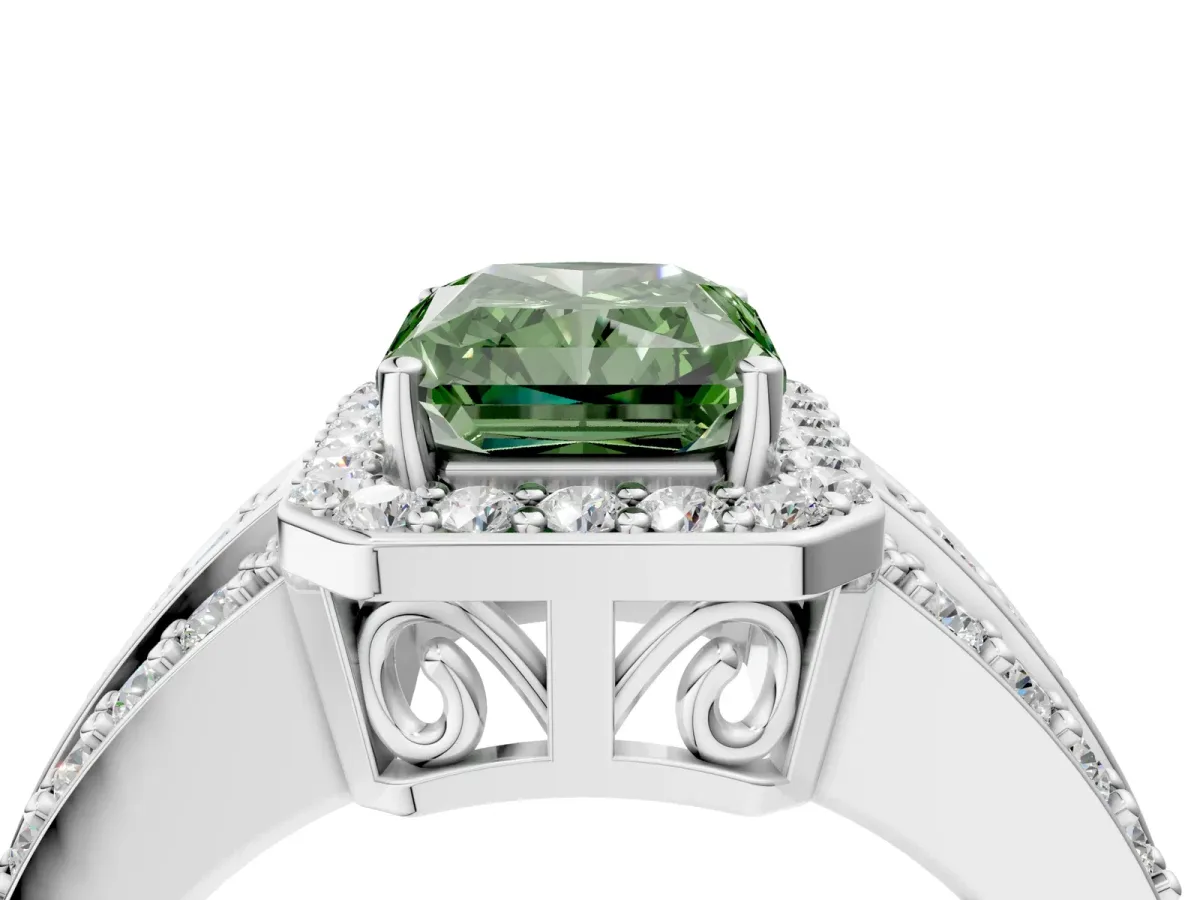 Fancy Green Radiant Cut Halo Diamond Ring with Round Split Shank and Prong Setting Silver