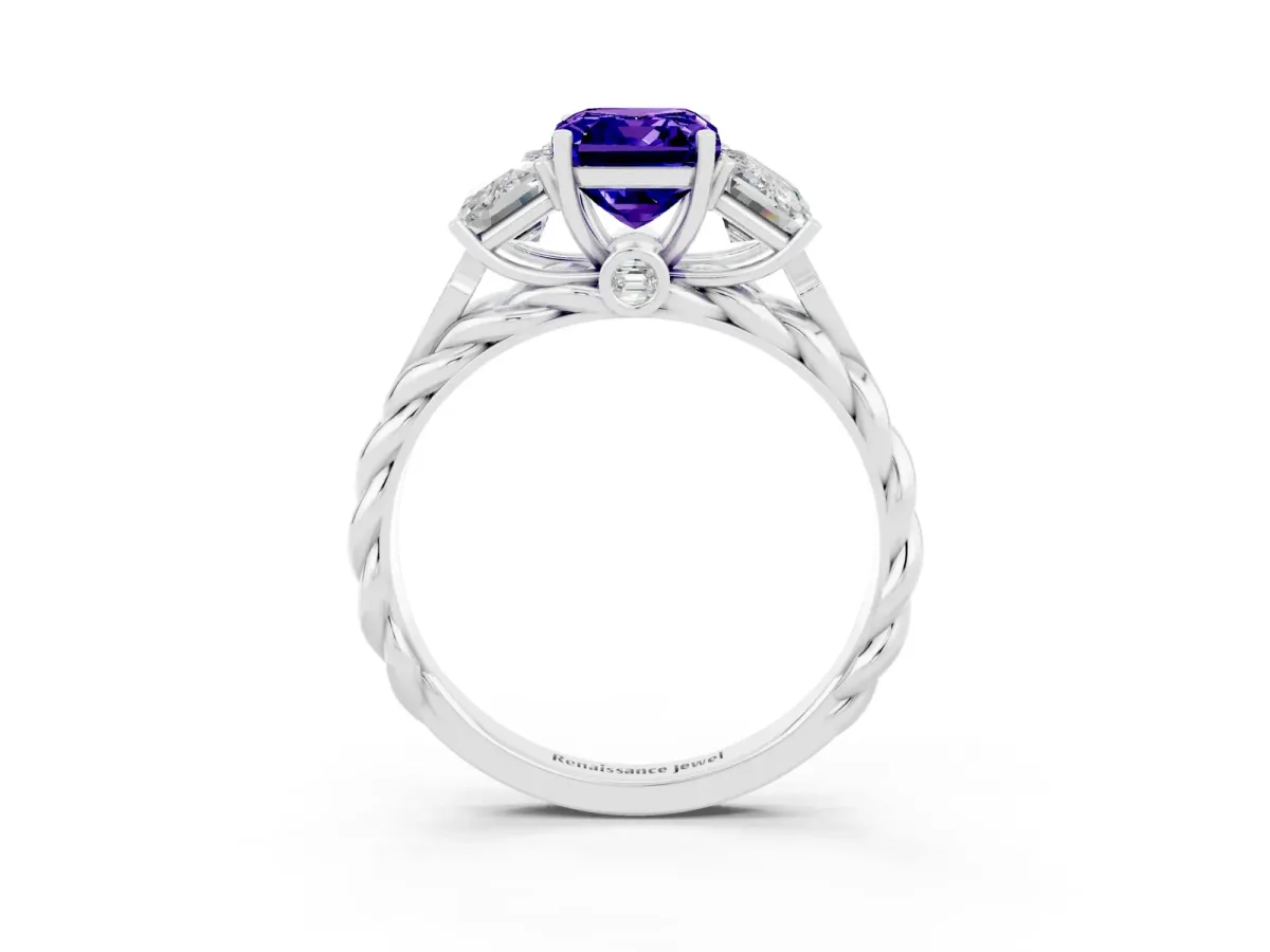 Three-Stone Emerald Cut Tanzanite Braided Band Ring with Four-Prong Setting Platinum
