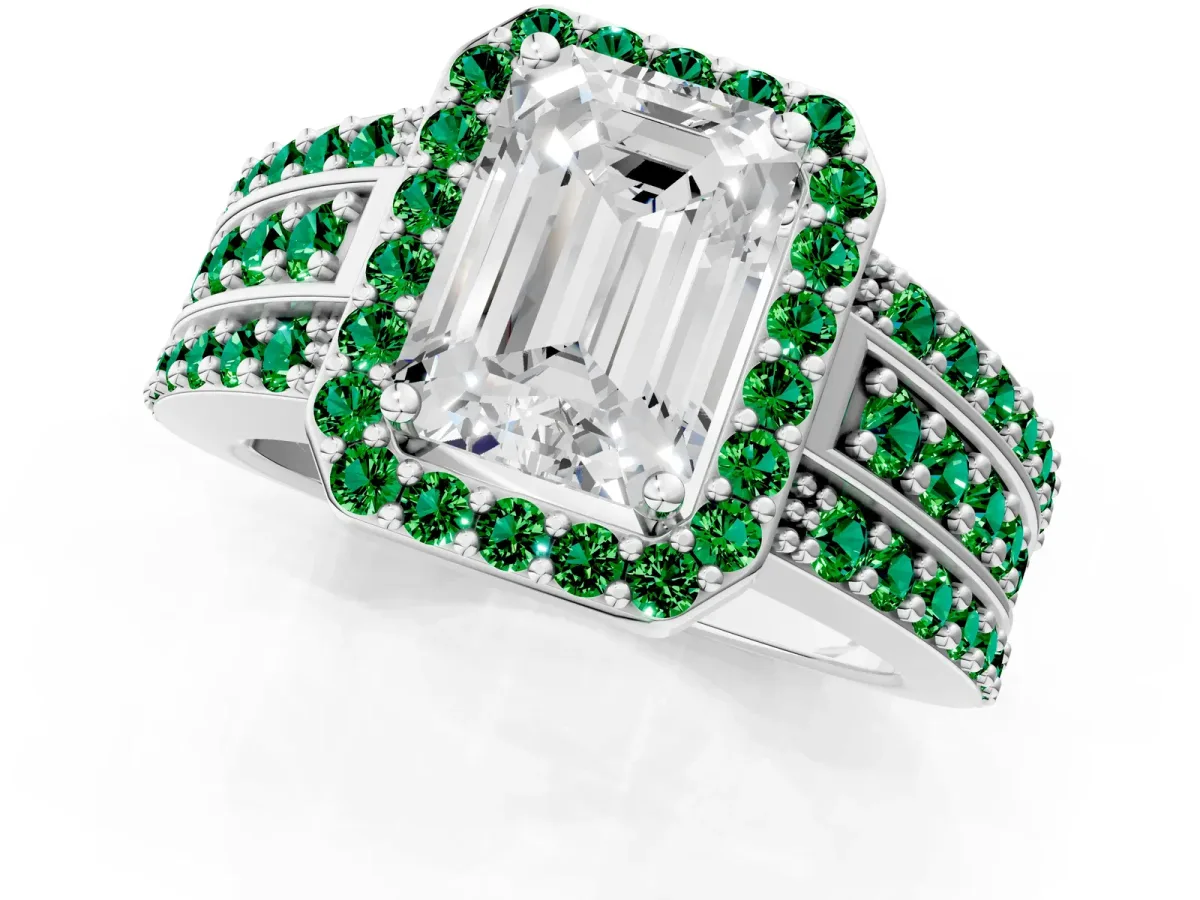 Emerald Cut Halo Diamond Ring with Round Emerald Split Shank and Prong Setting White gold
