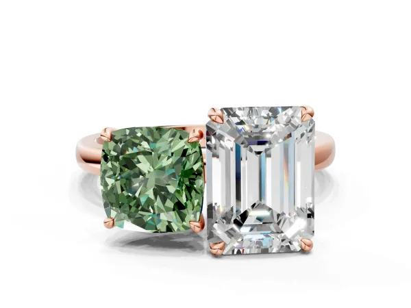 Fancy Green Cushion Cut and Emerald Cut Toi Moi Ring with Prong Setting Rose gold