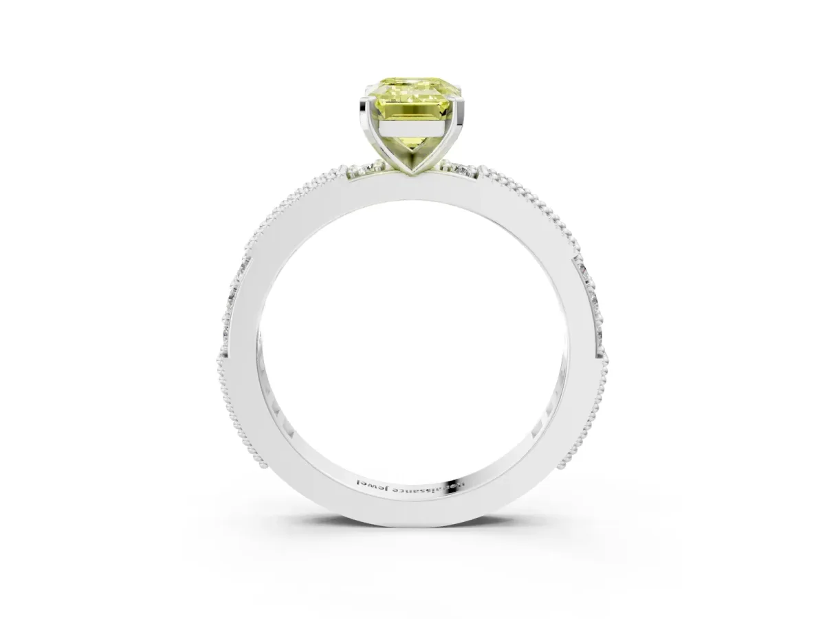 Fancy Yellow Emerald Cut Solitaire with Pavé Band and Four-Prong Setting Silver