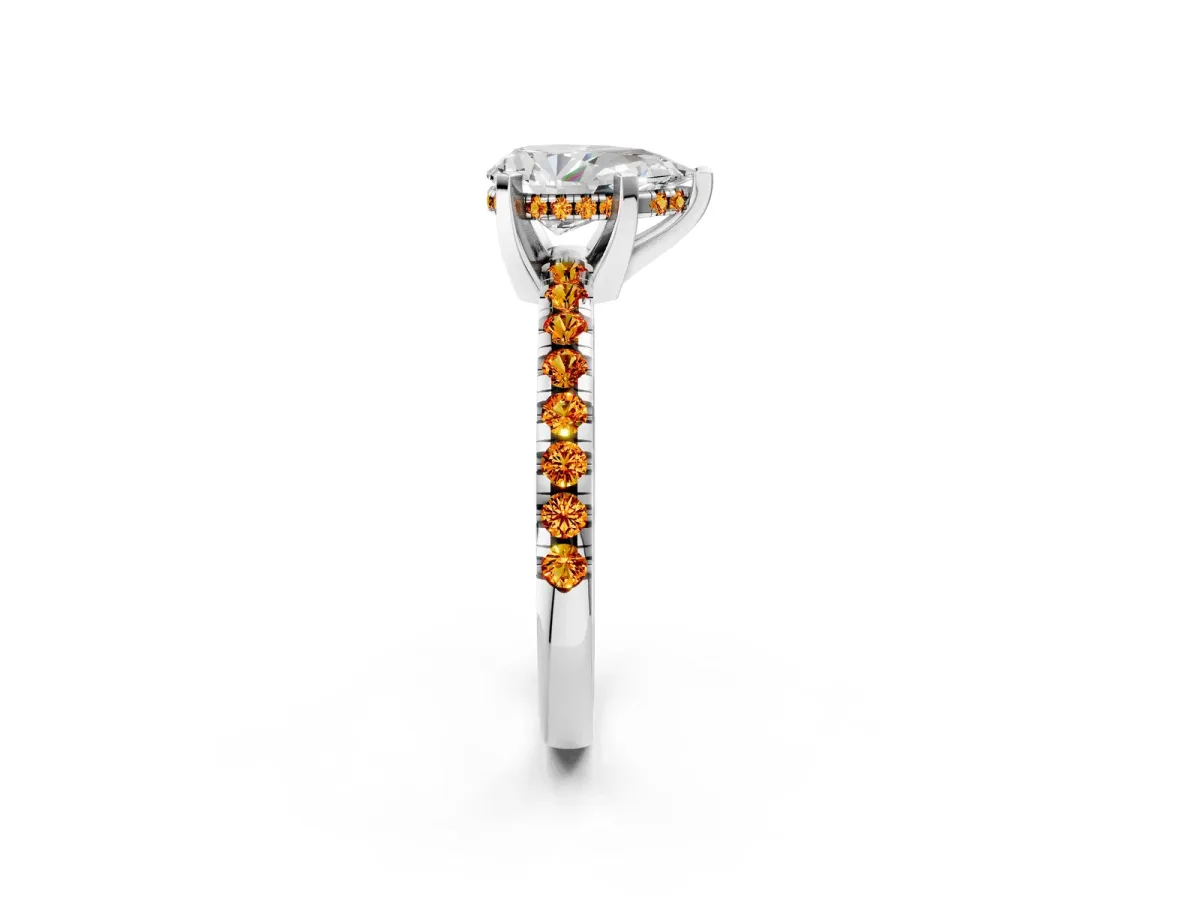 Pear Cut Diamond Solitaire Ring with Round Citrine Pavé Band and Four-Prong Setting Silver