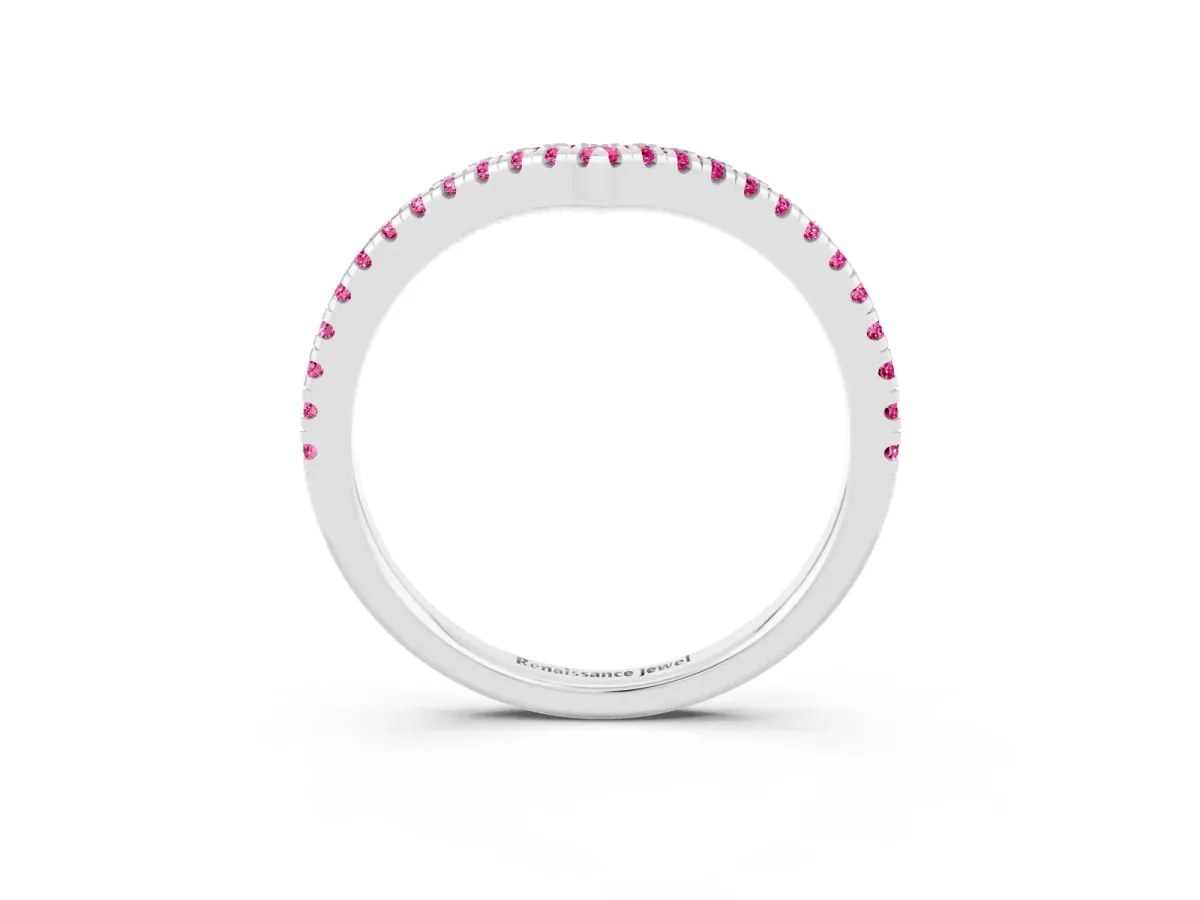Pavé Round Pink Sapphire V-Shaped Chevron Band with Shared Prong Setting Silver