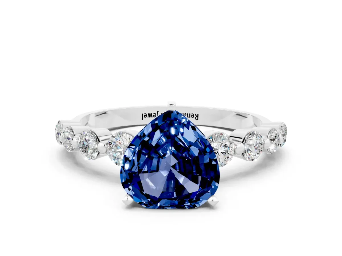 Heart Cut Solitaire Blue Sapphire Ring with Pave Band and Four-Prong Setting Silver