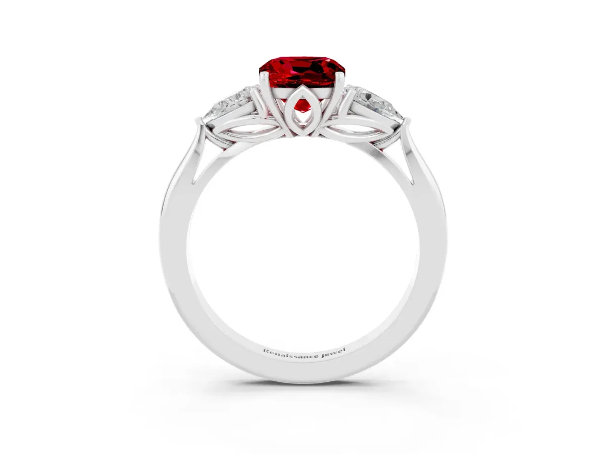 Three-Stone Cushion Cut Ruby Ring with Pear Side Stones in Four-Prong Setting White gold