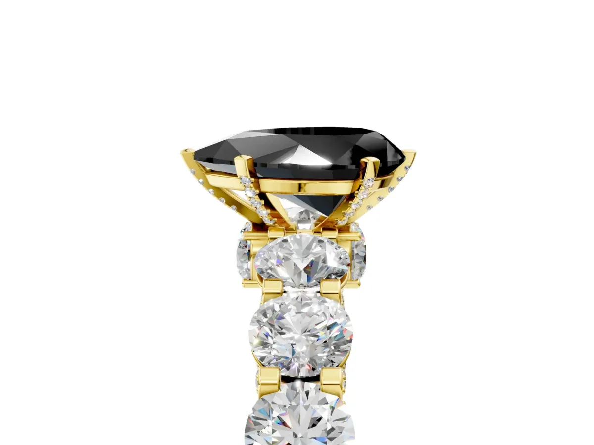 Fancy Black Pear Cut Diamond Side Stone Engagement Ring with Four-Prong Setting Yellow gold