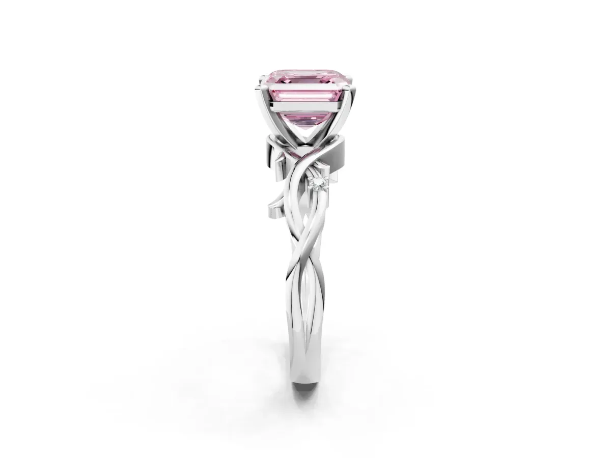 Fancy Pink Asscher Cut Diamond Solitaire Ring with Twisted Band and Prong Setting Platinum
