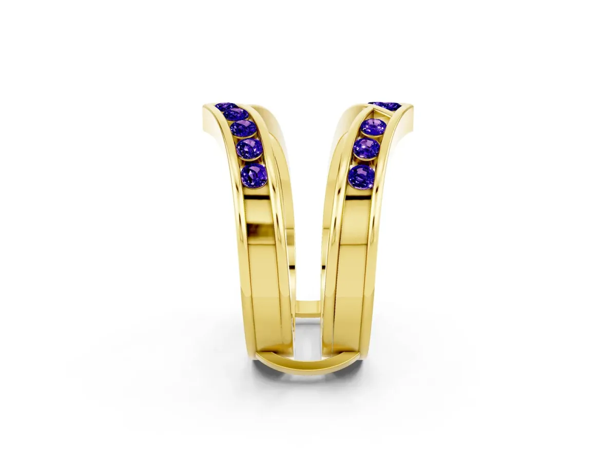 Round Tanzanite Channel-Set Chevron Band Yellow gold