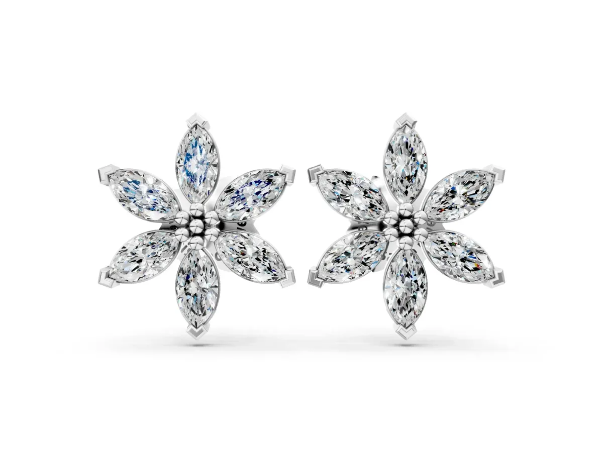 Marquise Diamond Sunflower Stud Earrings Silver