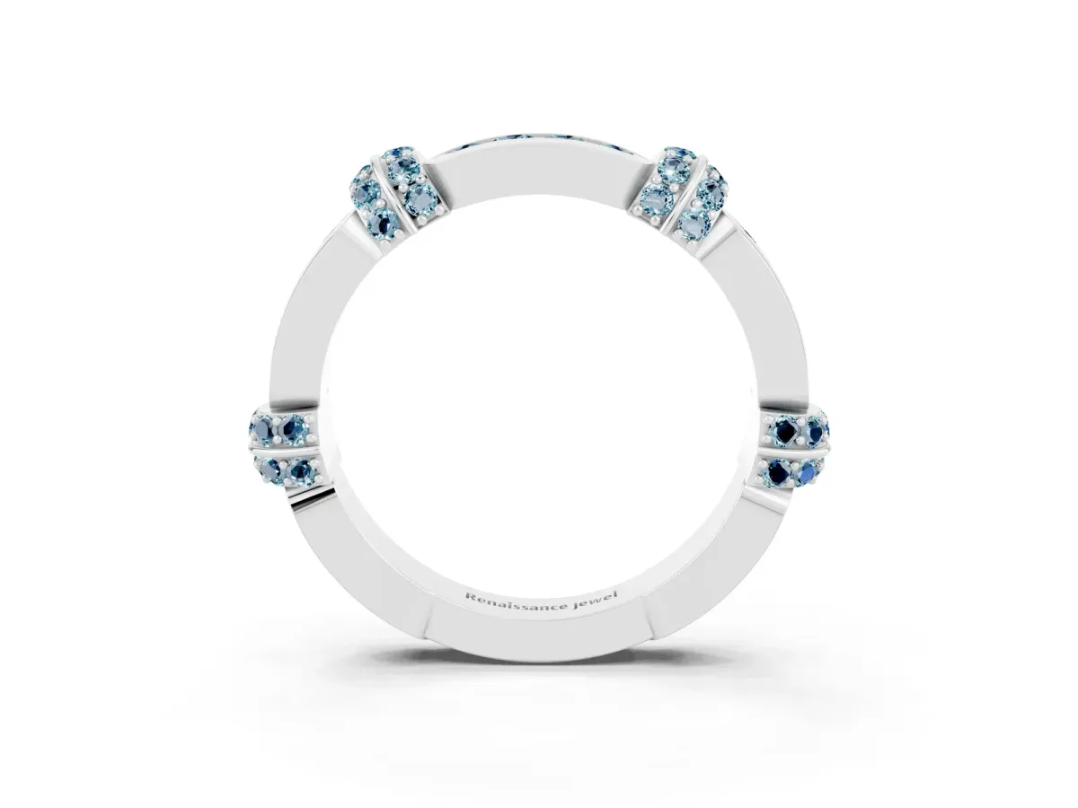 Pavé Round Aquamarine Link Band with Bezel Setting White gold