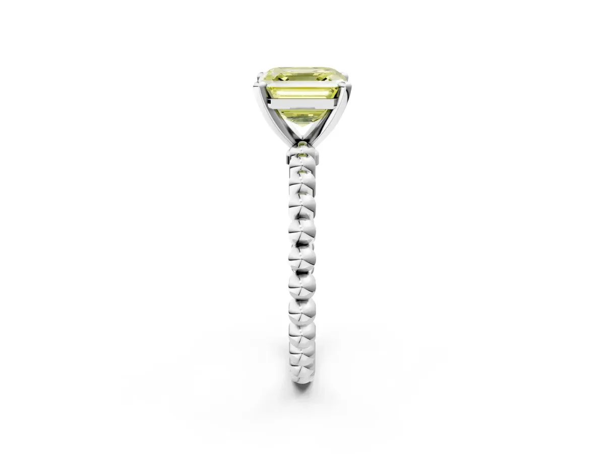 Fancy Yellow Asscher Cut Diamond Solitaire Ring with Beaded Band and Prong Setting Silver