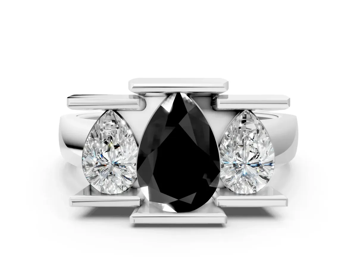 Fancy Black Three Stone Pear Cut Cut Channel Set Diamond Ring Silver
