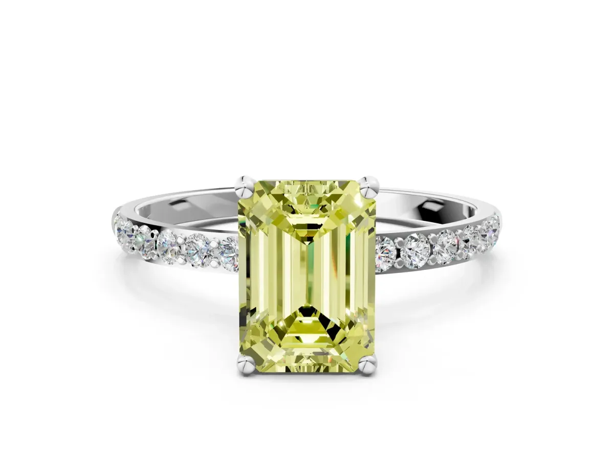 Fancy Yellow Emerald Cut Diamond Solitaire Ring with Round Pavé Shoulders and Prong Setting Silver