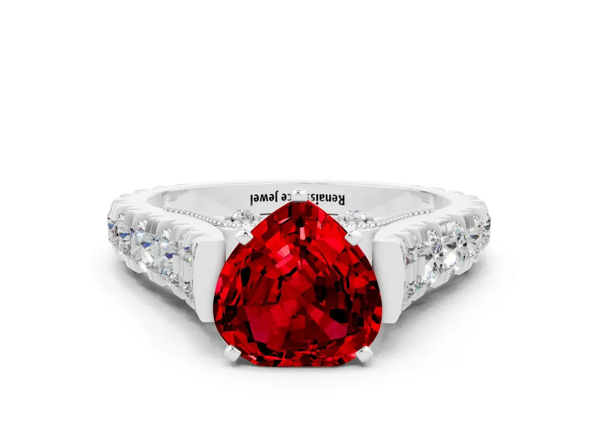 Heart Cut Ruby Classic Solitaire Ring with Pavé Band and Four-Prong Setting White gold