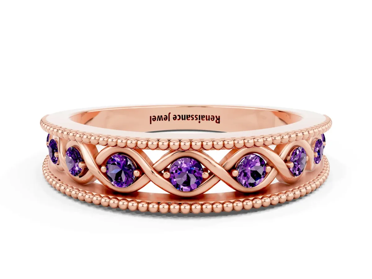 Round Amethyst Twist Milgrain Band with Bezel Setting Rose gold