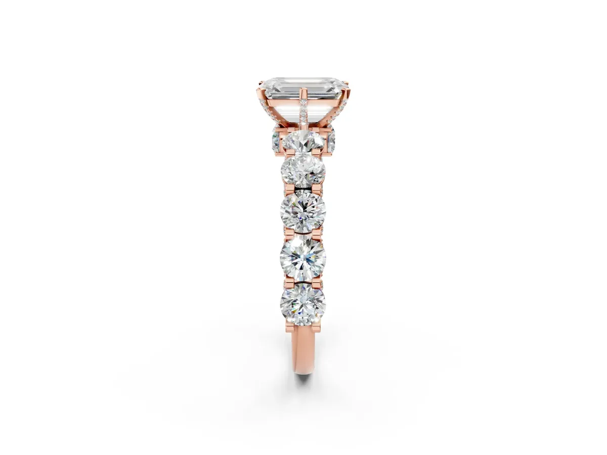 Emerald Cut Diamond Side Stone Engagement Ring with Four-Prong Setting Rose gold