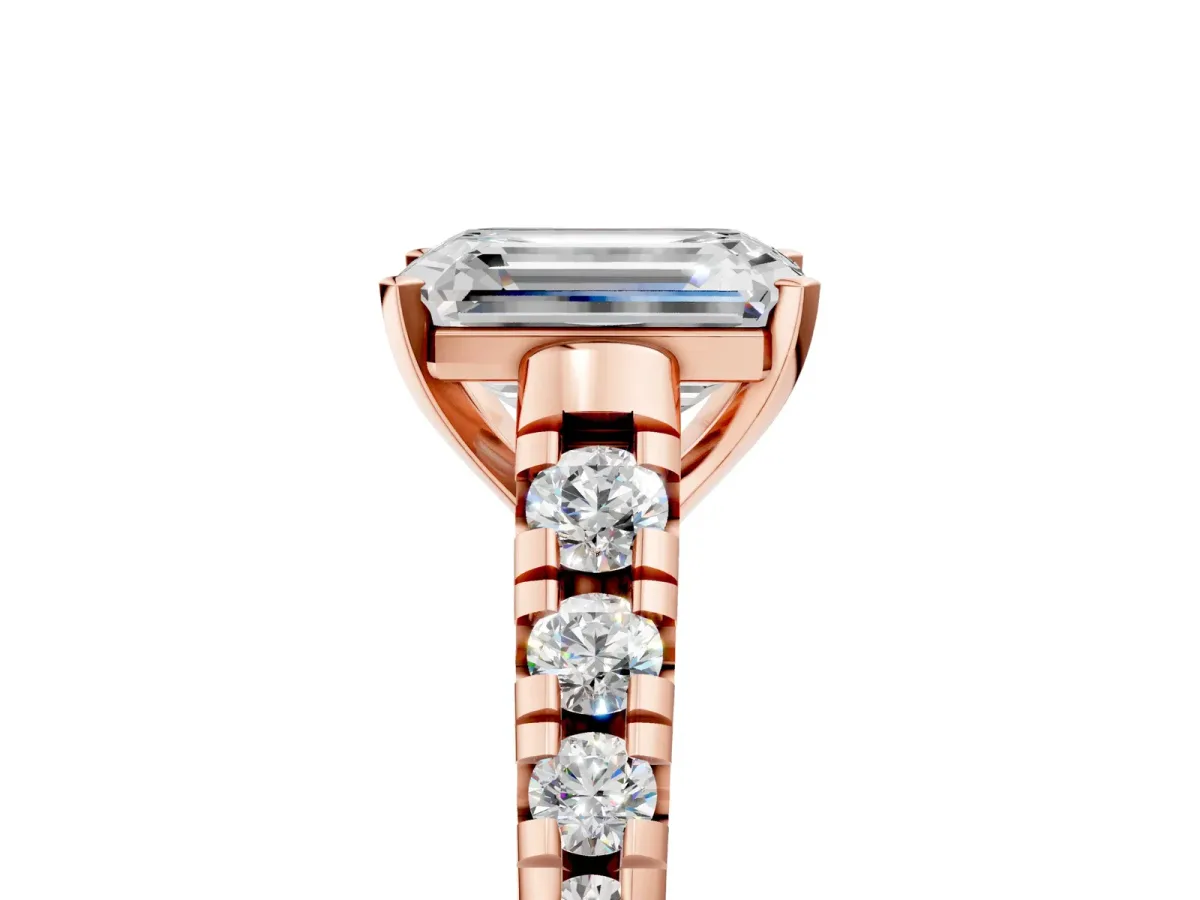 Emerald Cut Diamond Cathedral Solitaire Ring with Round Pavé Band Rose gold