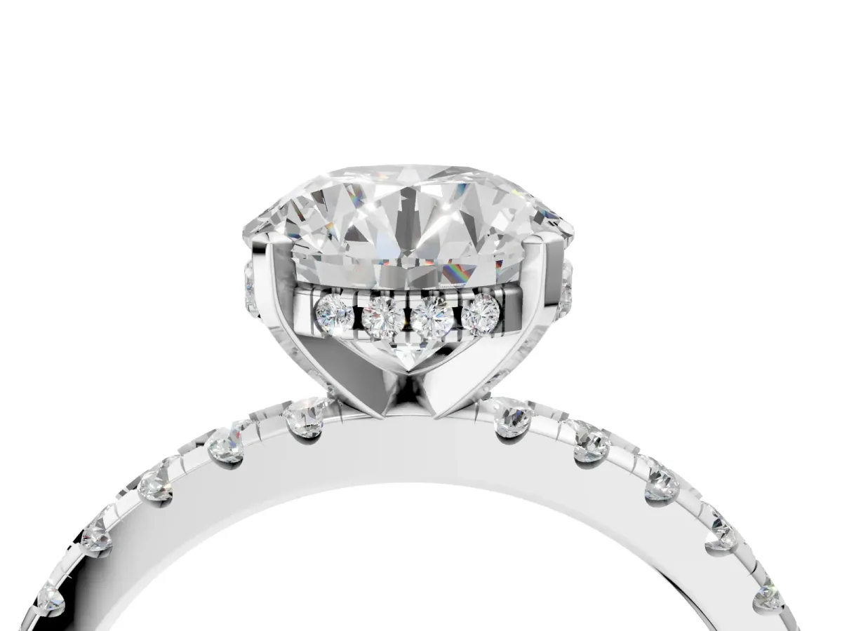 Round Cut Diamond Solitaire Ring with Round Pavé Band and Four-Prong Setting Platinum