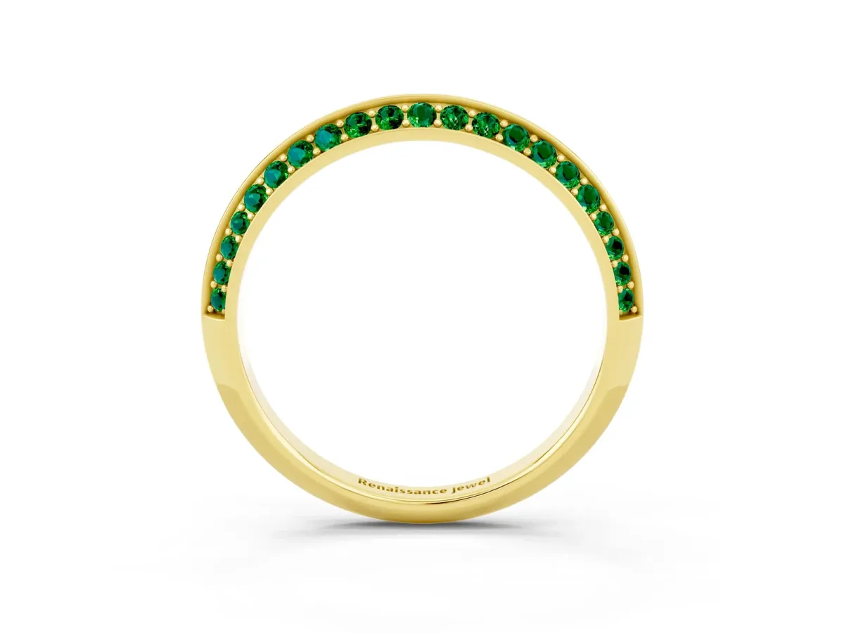 Double Row Pavé Round Emerald Eternity Band with Channel Setting Yellow gold