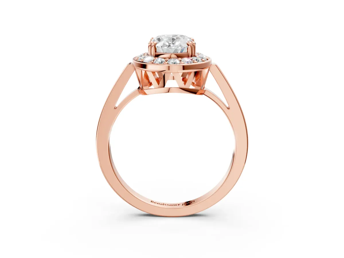 Oval Cut Diamond Halo Ring with Split Shank and Four-Prong Setting Rose gold