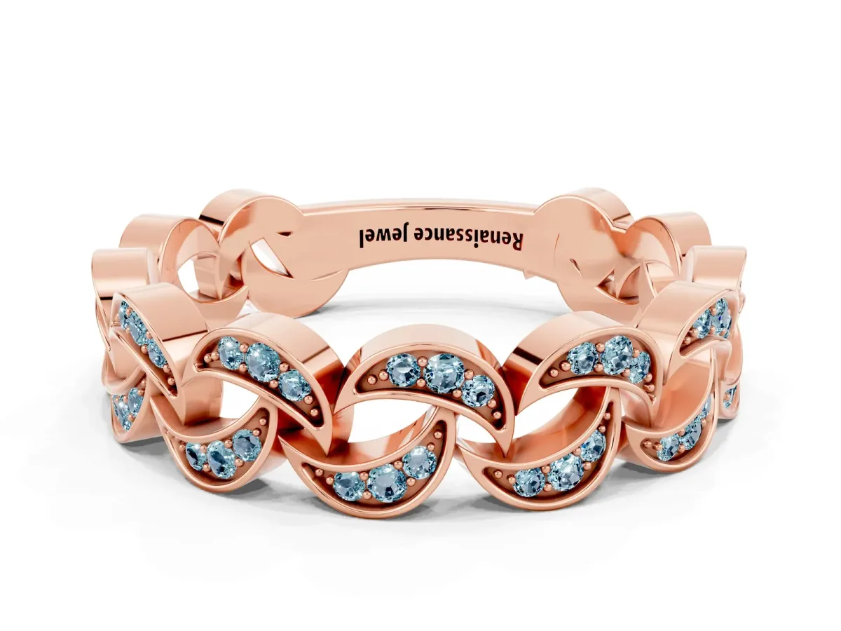 Pavé Round Aquamarine Interlocking Eternity Band with Bezel Prong Setting Rose gold