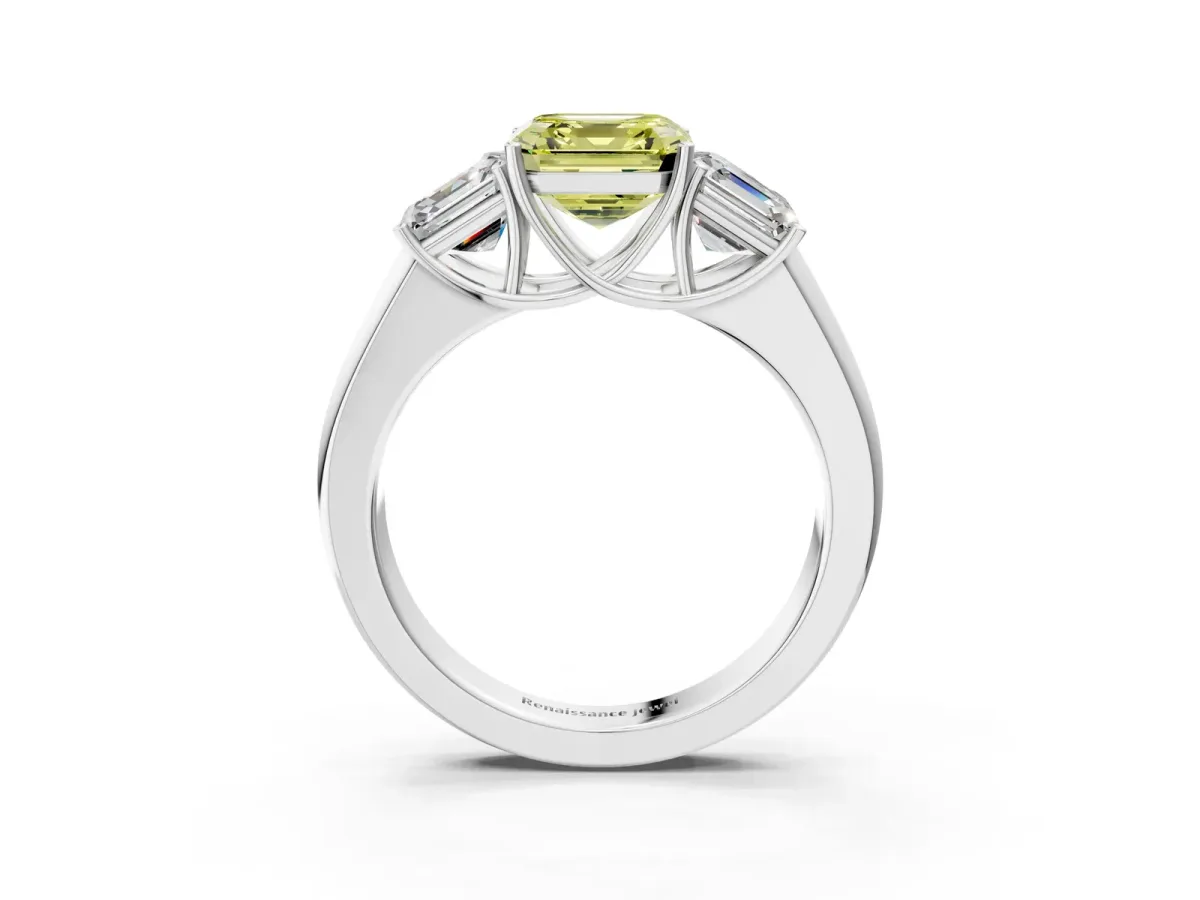 Fancy Yellow Three-Stone Asscher Cut Cut Diamond Ring with Prong Setting and Classic Band Platinum