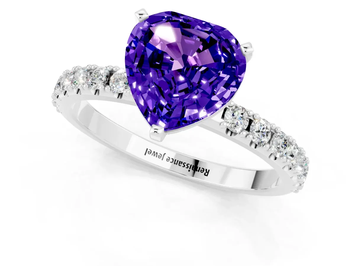 Heart Cut Tanzanite Solitaire Pavé Band with Four-Prong Setting Silver