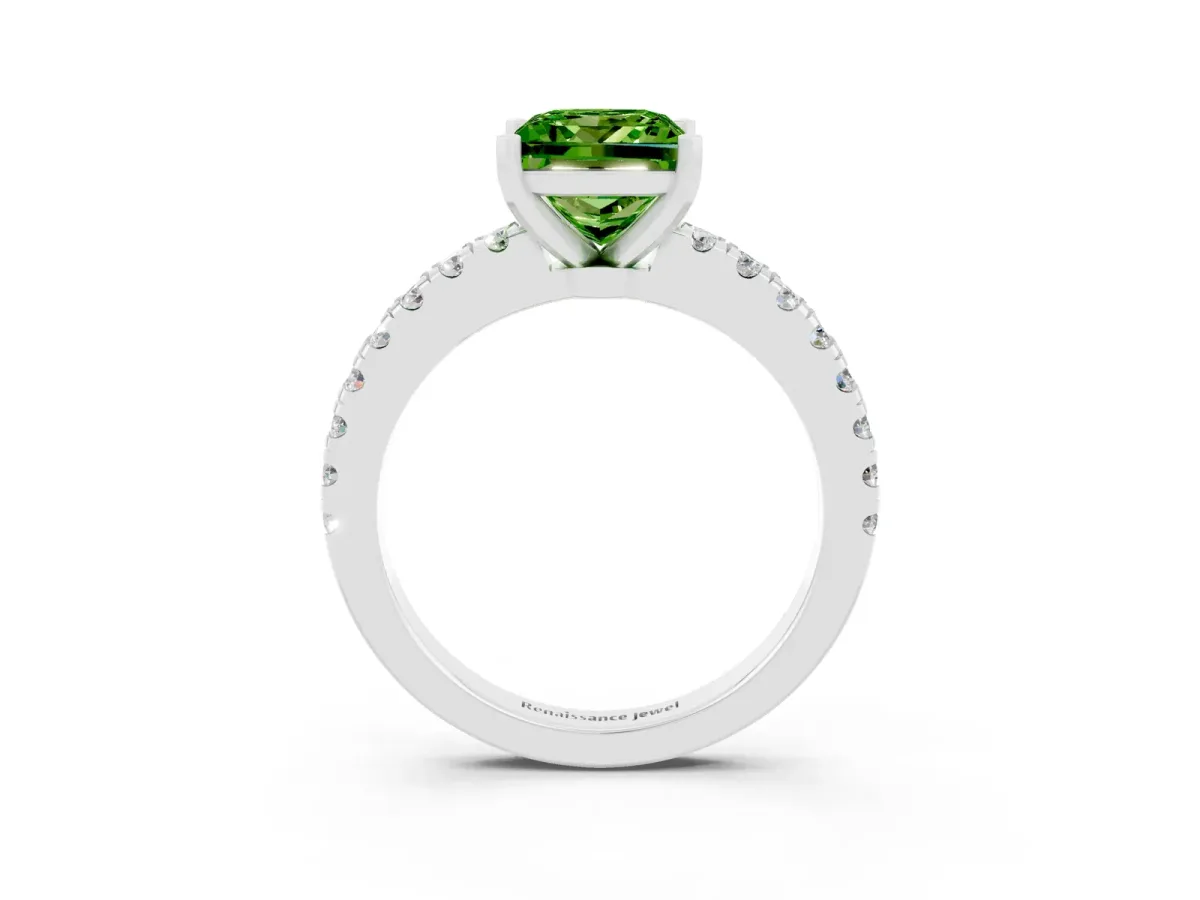 Princess Cut Solitaire Peridot with Pavé Band and Four-Prong Setting Silver