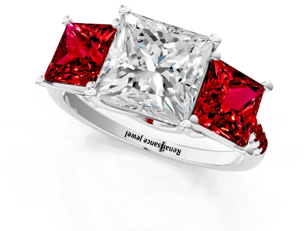 Three-Stone Princess Cut Diamond Ring with Round Ruby Pavé Band and Prong Setting Platinum