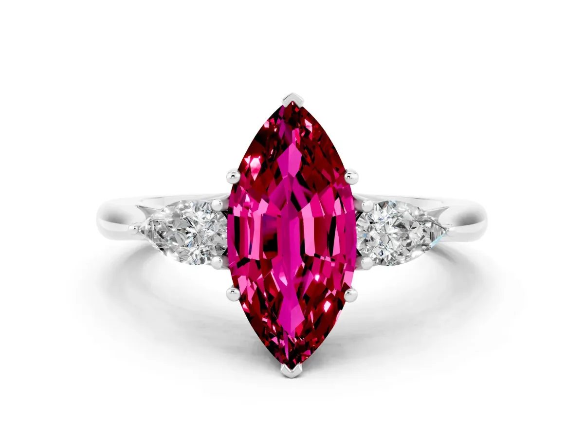 Marquise Cut Garnet Three-Stone Ring with Pear Side Stones and Prong Setting White gold