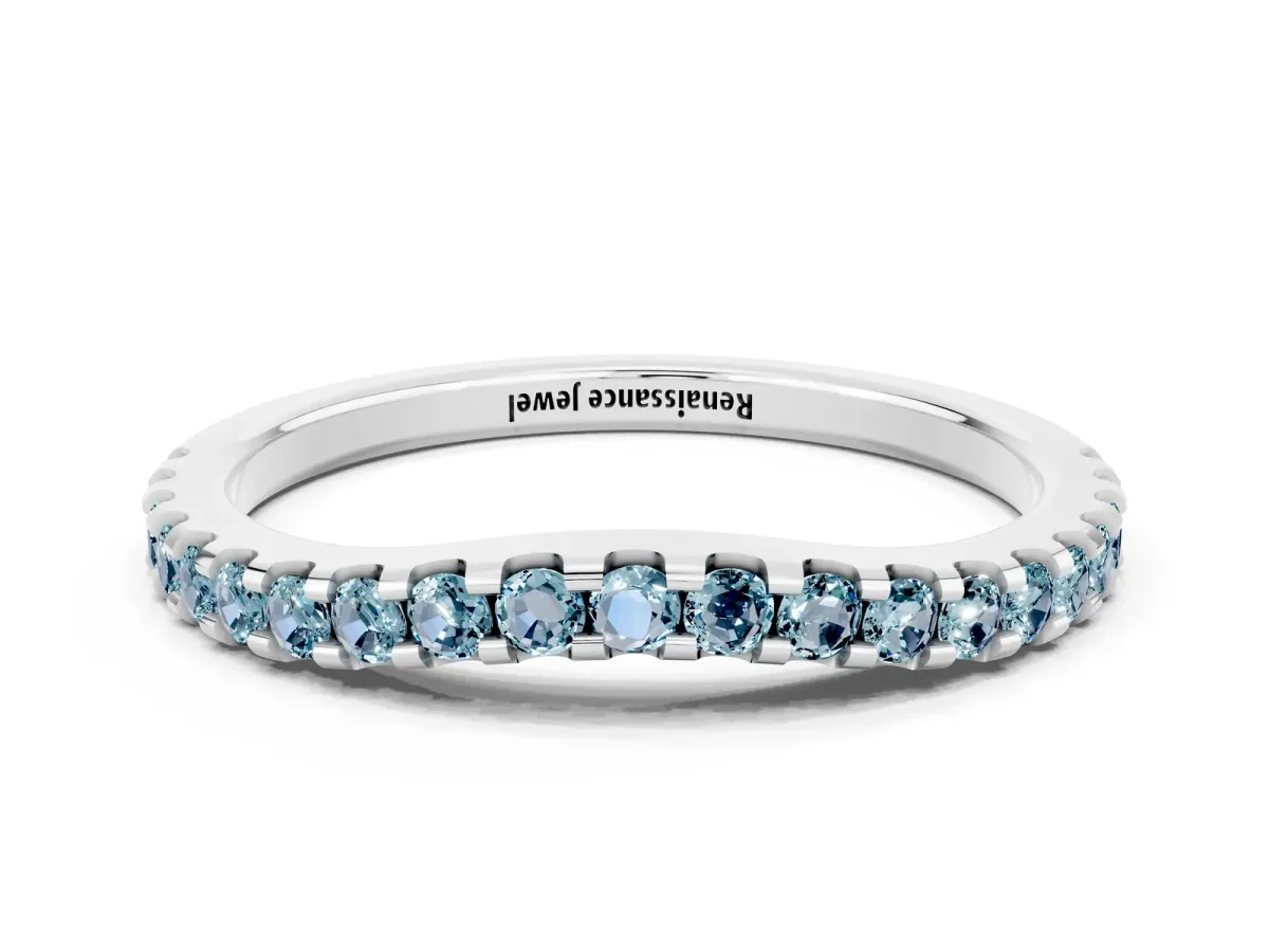 Round Aquamarine Pavé Curved Wedding Band Platinum